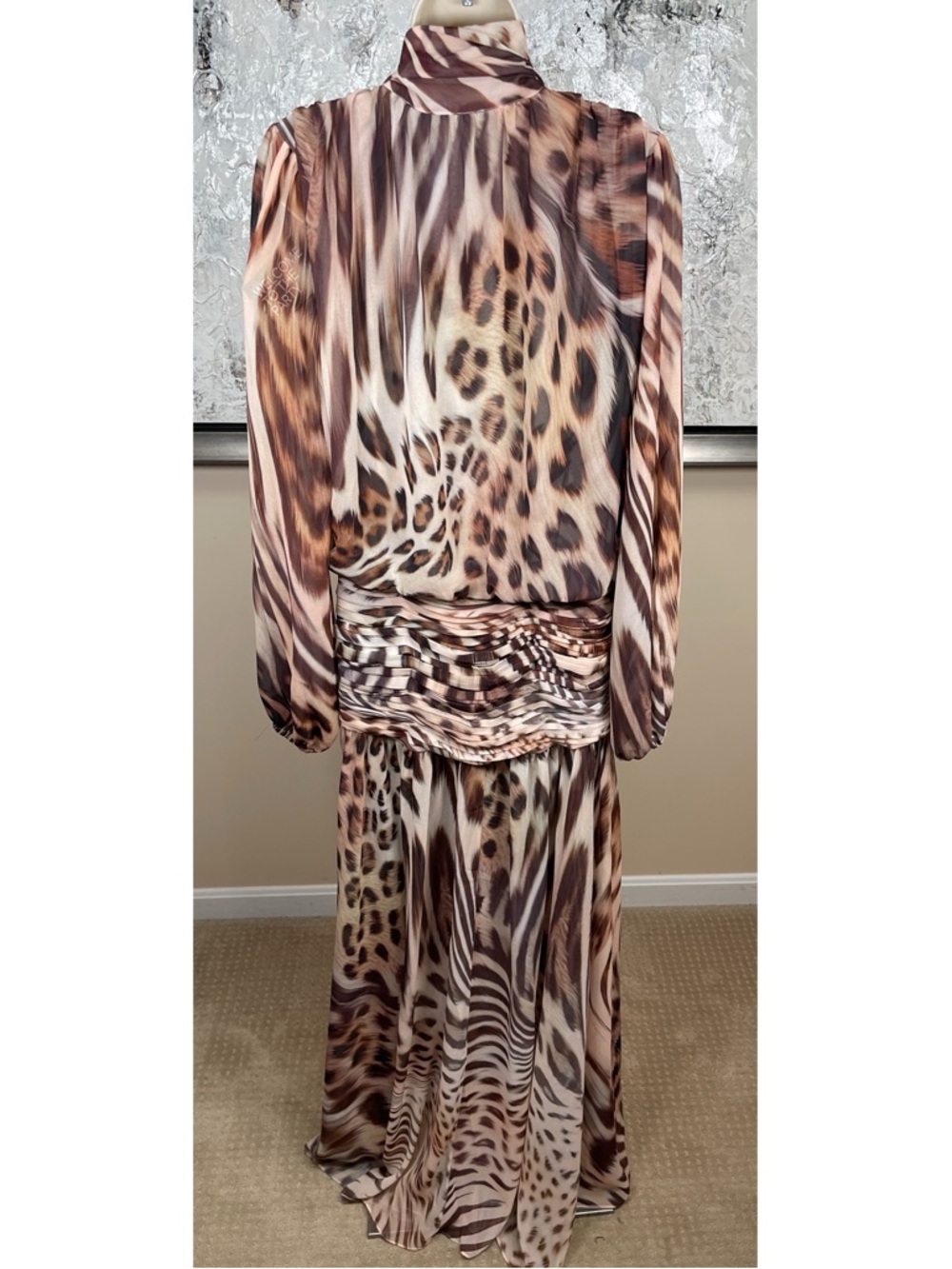 RETROFETE Opaline Long Sleeve Animal Print Ruched Draped Neck Maxi Dress Sz XS - Picture 7 of 9